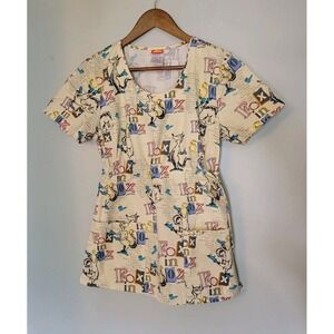Dr Seuess Womens VNeck‎ Scrub Top Size SMALL Pockets Fox In Socks - Cherokee